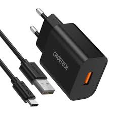 Q5003: CHOETECH QUICK CHARGE 3.0 USB FAST WALL CHARGER, BLACK (18W) WITH USB-C CABLE